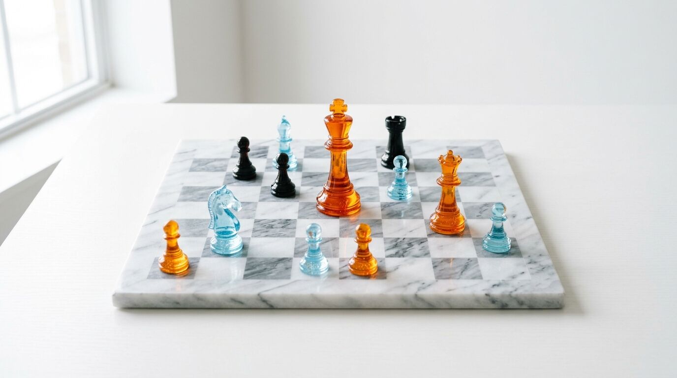 Marmorschachbrett mit bunten Glasfiguren auf einem weißen Tisch, natürliches Licht von links