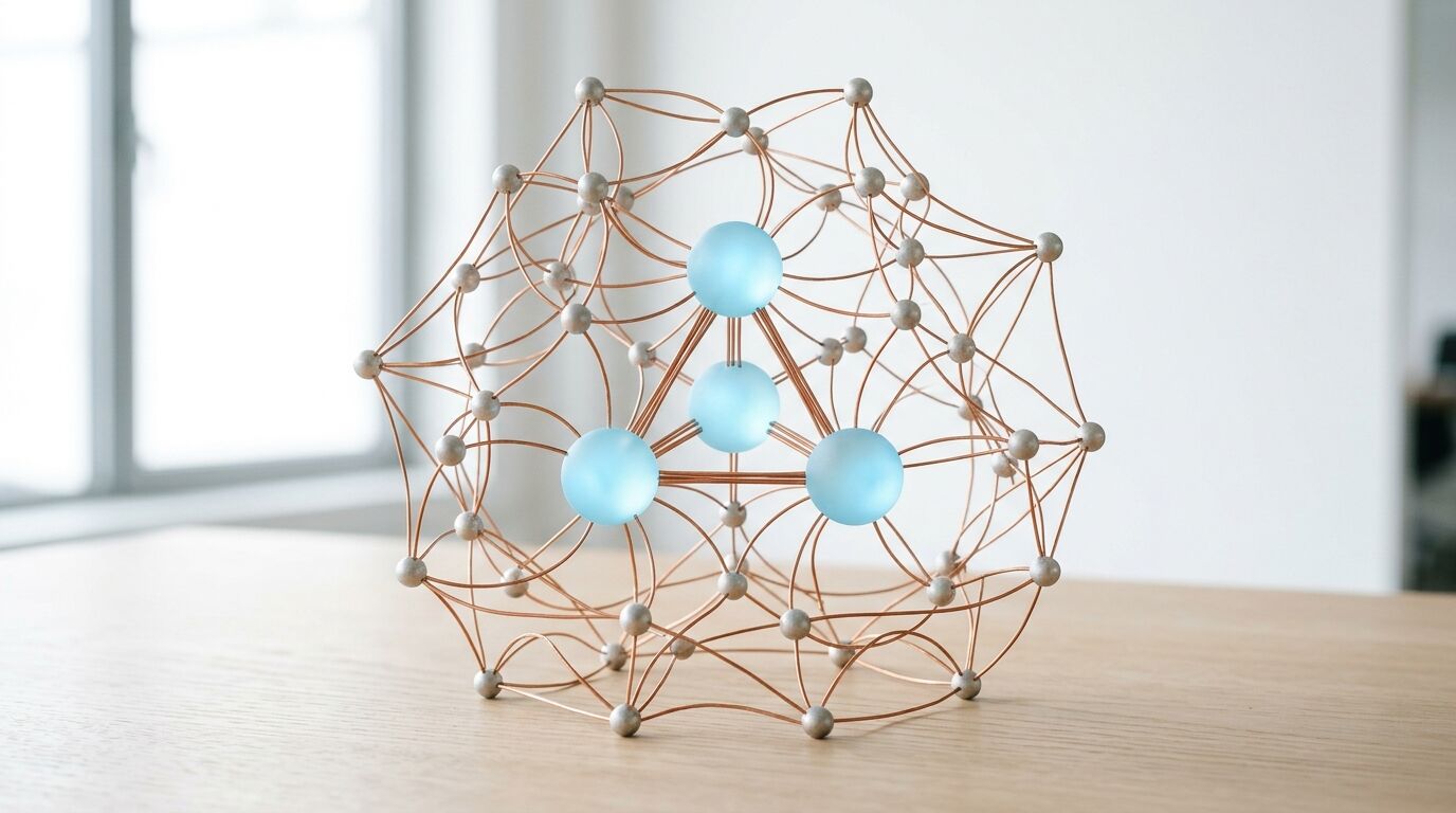 Geometrische Skulptur aus Kupferdraht, silbernen Kugeln und blauen Glaskugeln auf Holztisch