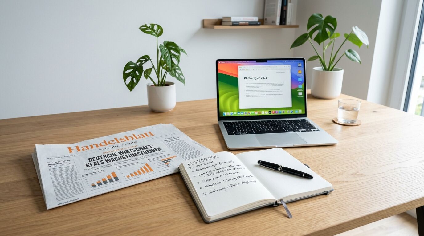 Arbeitsplatz mit Zeitung, offenem Notizbuch, Stift und Laptop, umgeben von Pflanzen