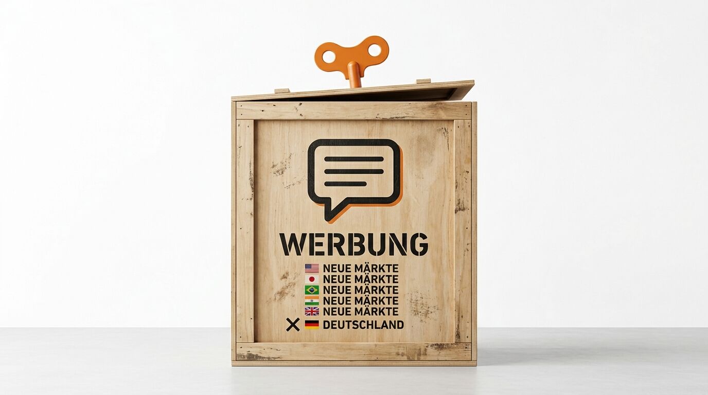 Holzkiste mit Aufziehschlüssel, Sprechblasen-Icon, Aufschrift „WERBUNG“ und Länderflaggen