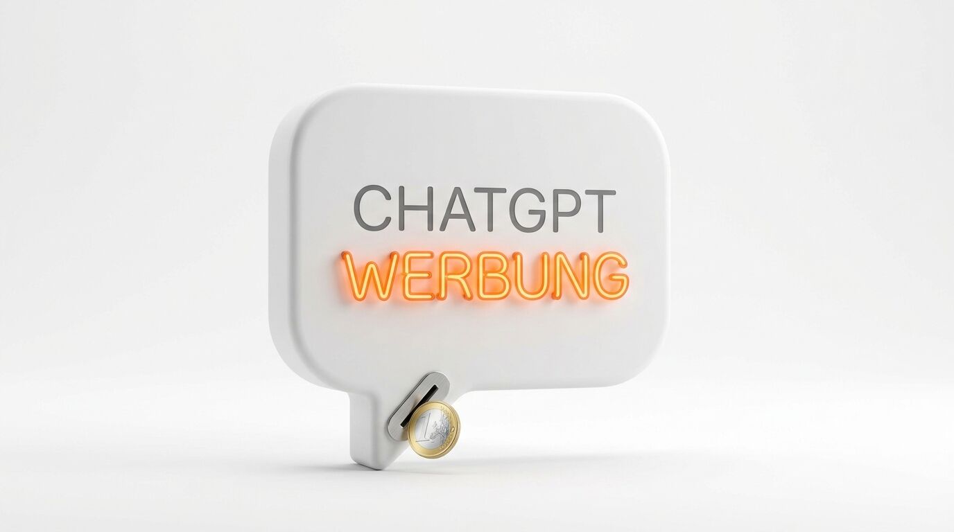 Weiße Sprechblase mit Text „CHATGPT WERBUNG“, leuchtendem Neon und Münzeinwurf mit Euro
