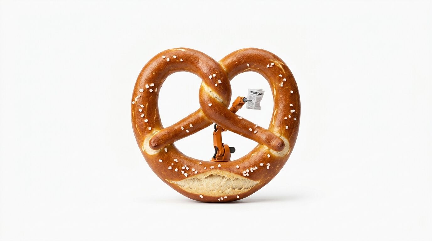 Eine Brezel steht im Mittelpunkt, in deren Innerem ein kleiner Roboterarm ein Schild hält