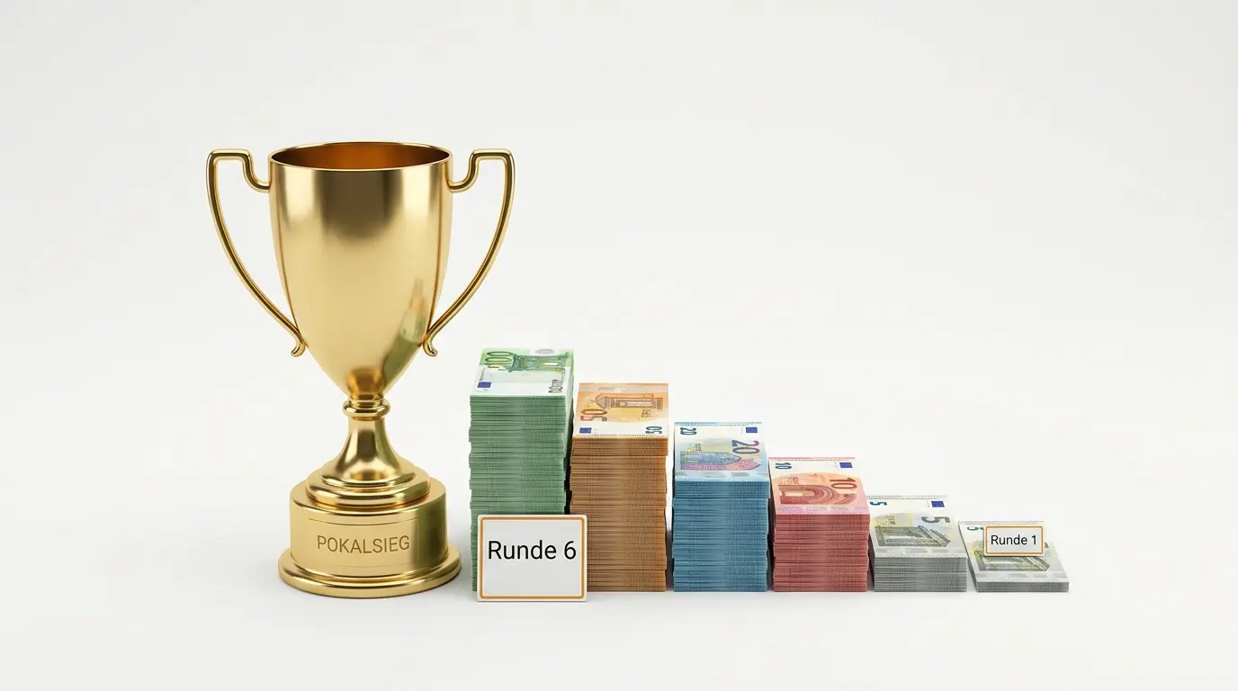 Ein goldener Pokal steht links von aufsteigenden Geldbündelstapeln mit Euro-Scheinen