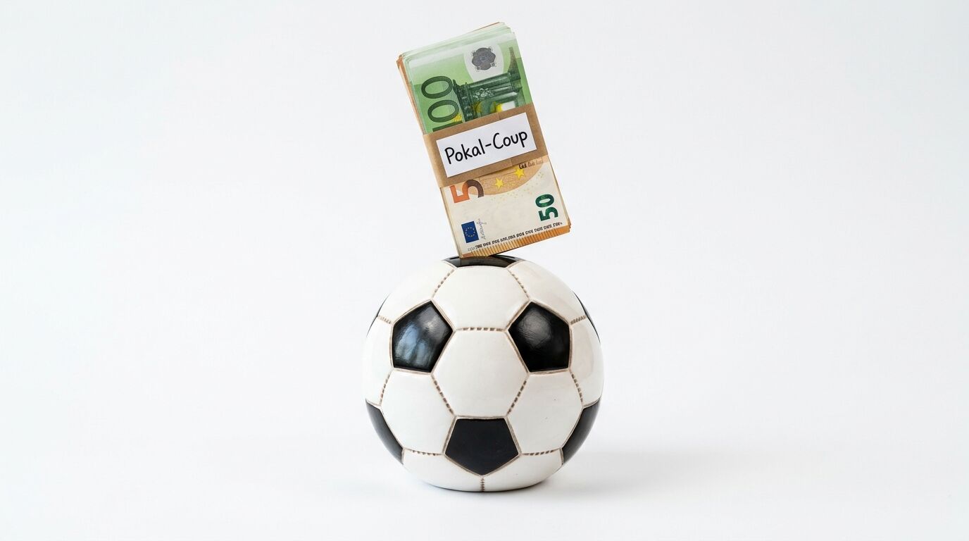 Spardose in Fußballform mit Geldscheinbündel und Banderole