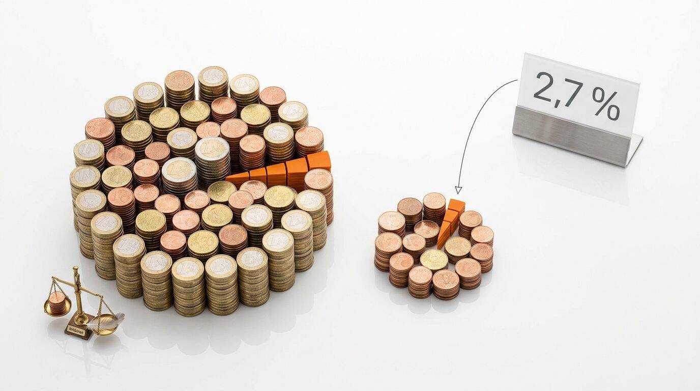Münzturm-Diagramm, Waage, kleiner Münzkreis und „2,7%“-Schild auf Weiß