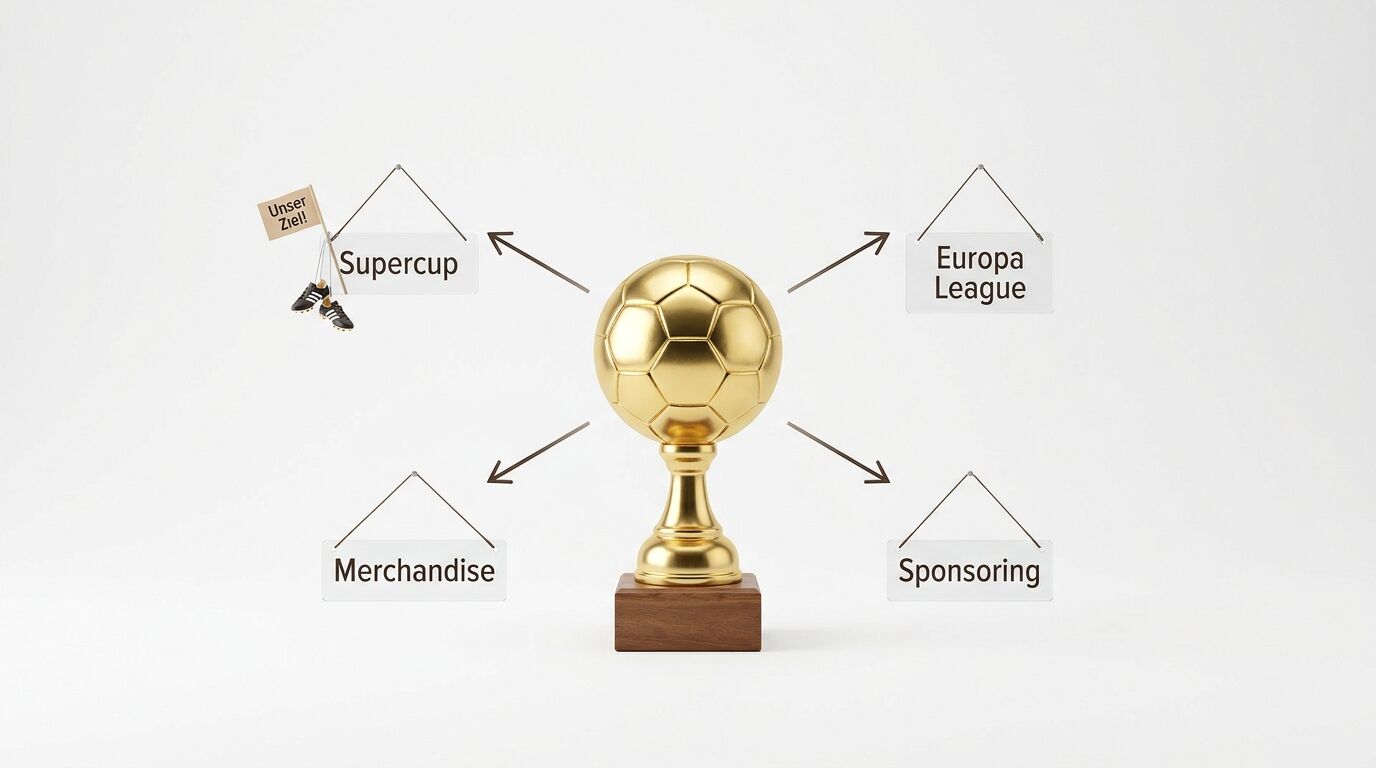 Goldpokal mit Pfeilen zu 4 Schildern: Supercup, Europa League, Merchandise, Sponsoring