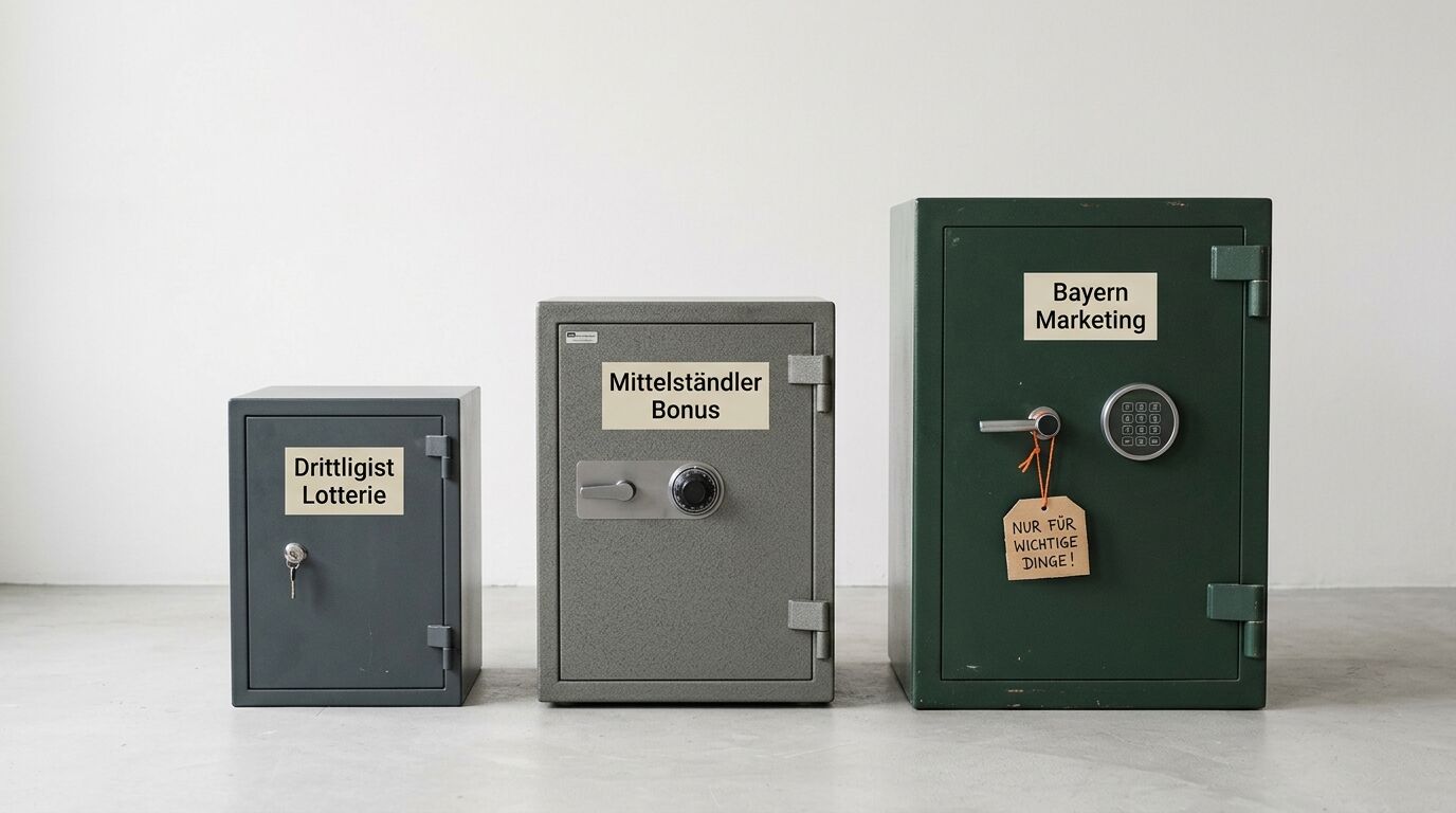 Drei Safes unterschiedlicher Größe mit Beschriftungen: Drittligist Lotterie, Mittelständler Bonus, Bayern Marketing