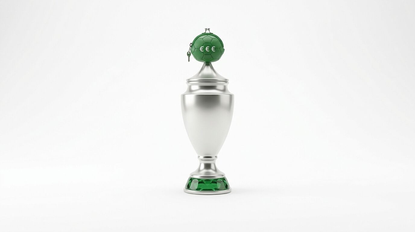 Pokal mit grüner Geldbörse in Fußballoptik und Eurosymbolen oben drauf auf weißem Grund