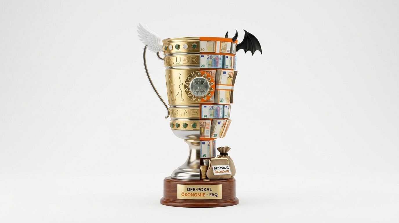 Gepaltener Pokal mit Flügel und Horn, links golden, rechts Euroscheine, auf Holzsockel