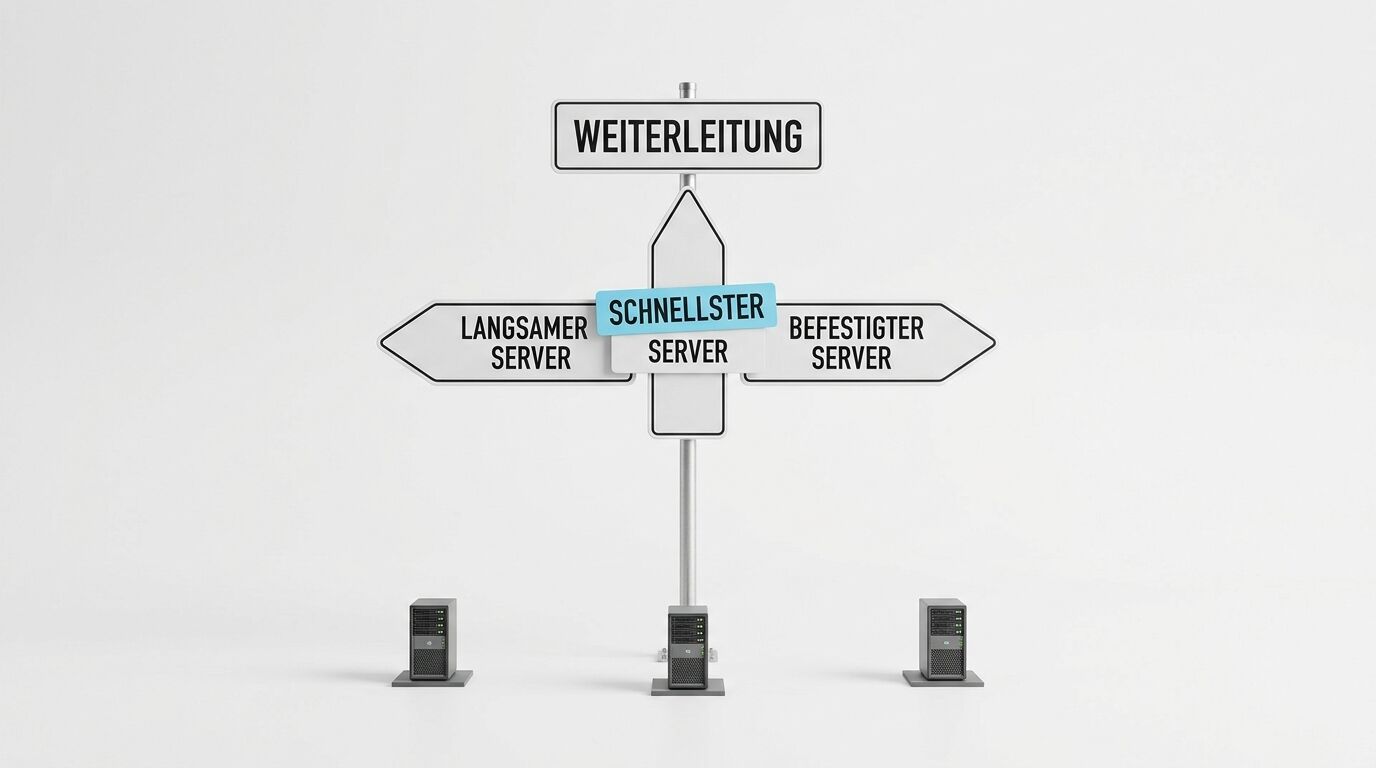 Wegweiser auf weißem Hintergrund mit drei Servern davor, die Begriffe „Weiterleitung“, „langsam“, „schnellst“ und „befestigt“ anzeigen