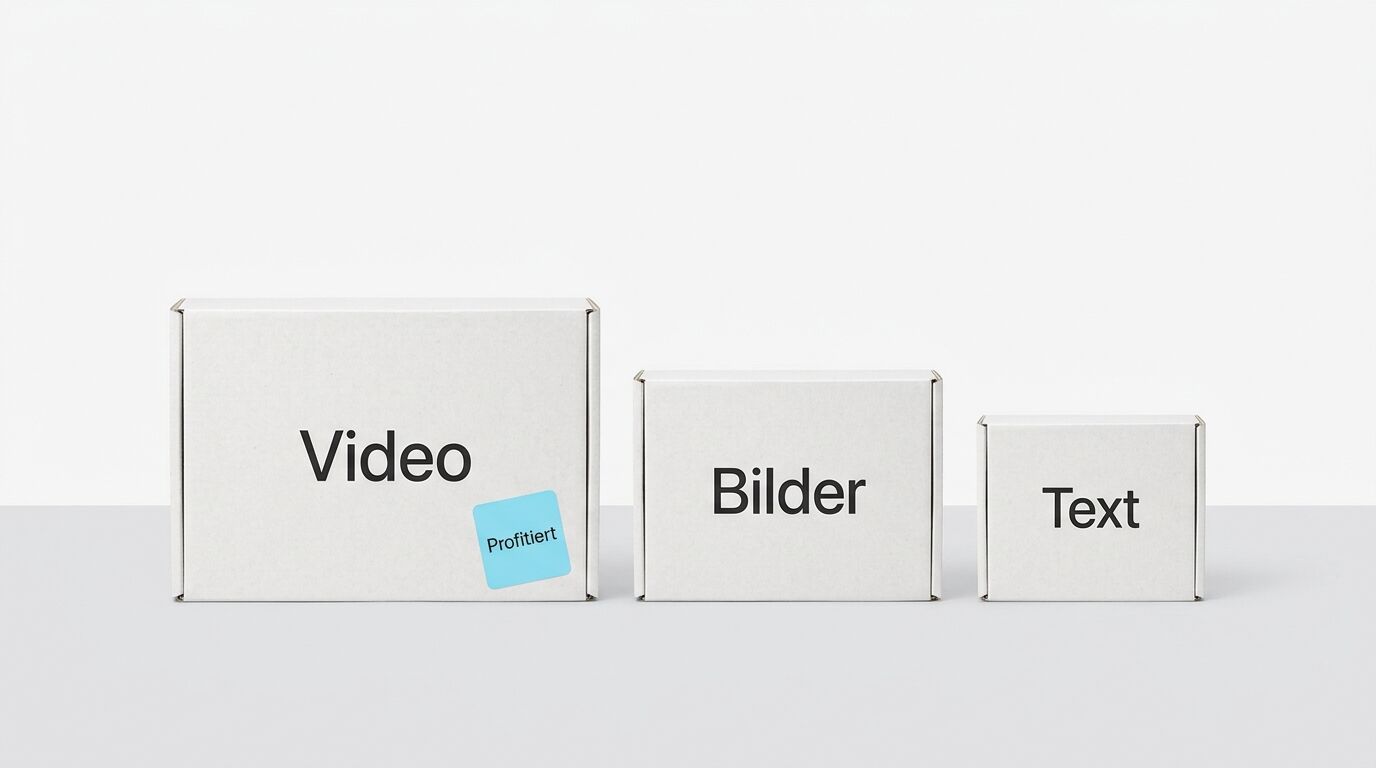 Drei Kartons mit den Aufschriften Video, Bilder, Text; linker Karton mit Sticker Profitiert