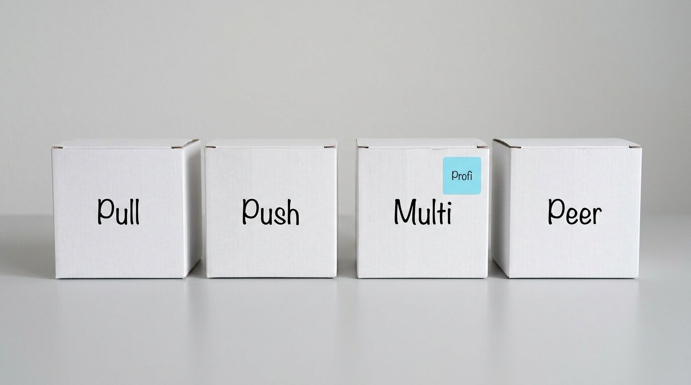 Vier weiße Kartonwürfel beschriftet mit Pull, Push, Multi (mit Profi-Sticker) und Peer