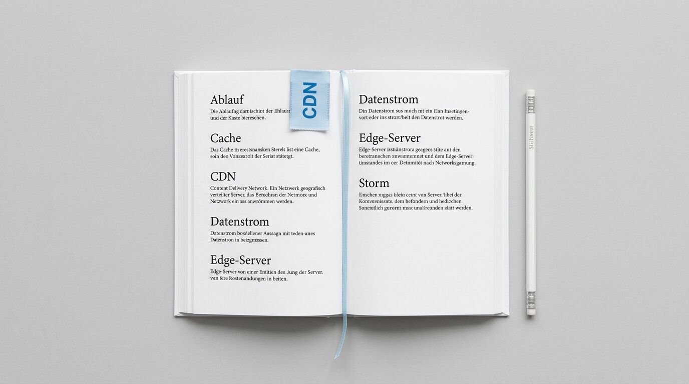 Offenes Buch mit Text, hellblauem Lesezeichen, CDN-Tab und Bleistift auf grauem Grund