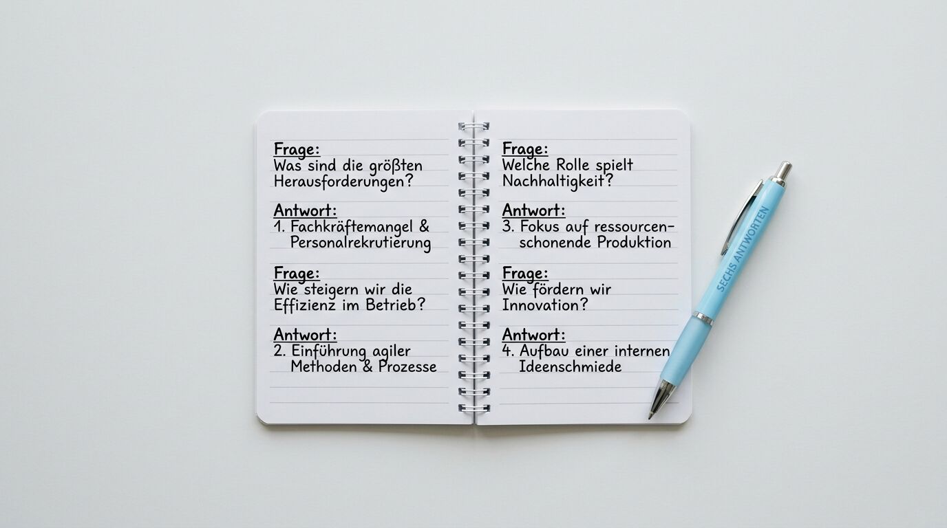 Draufsicht auf ein offenes liniertes Ringbuch mit vier beschrifteten Fragen und Antworten