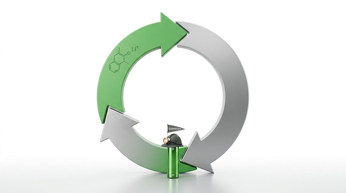 3D-Grafik eines Lithium-Recycling-Kreislaufs mit Batterie, Helm und Dormagen-Flagge
