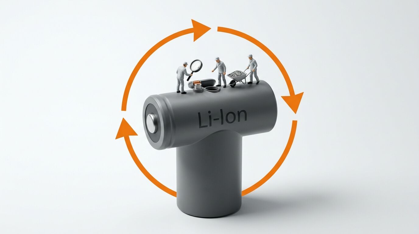 Miniaturarbeiter hantieren auf einer übergroßen grauen Li-Ion-Batterie vor weißem Hintergrund
