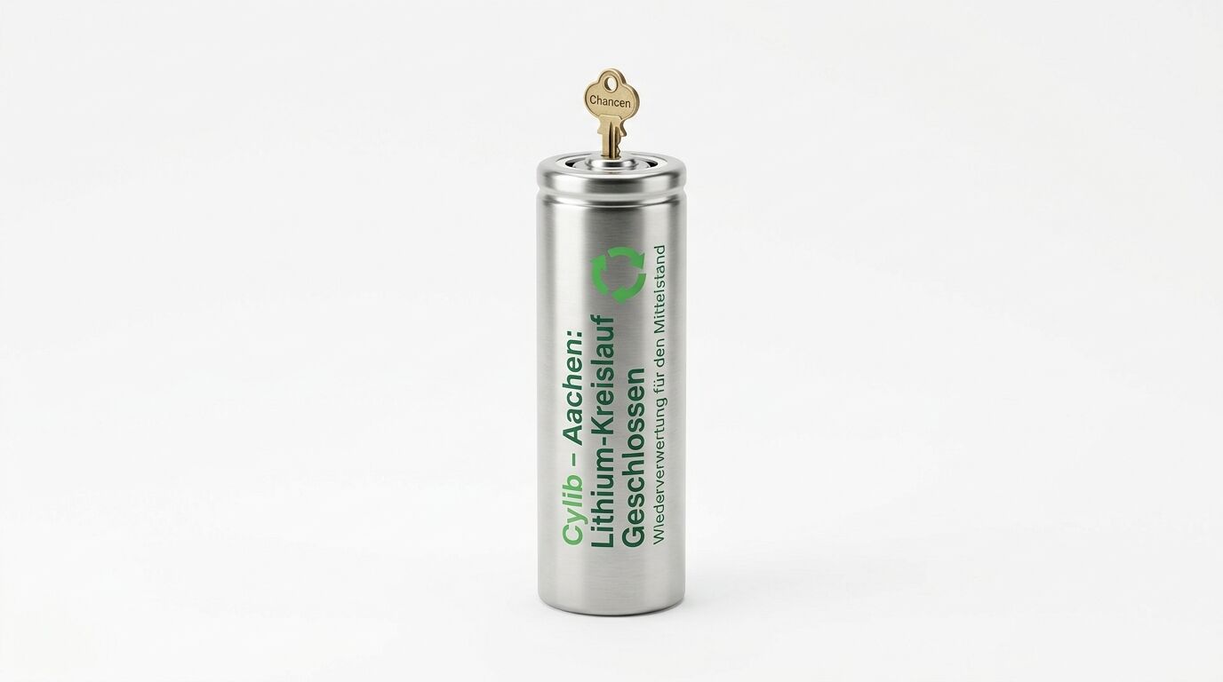 Eine Batterie mit deutschem Text und einem goldenen Schlüssel, der oben herausragt