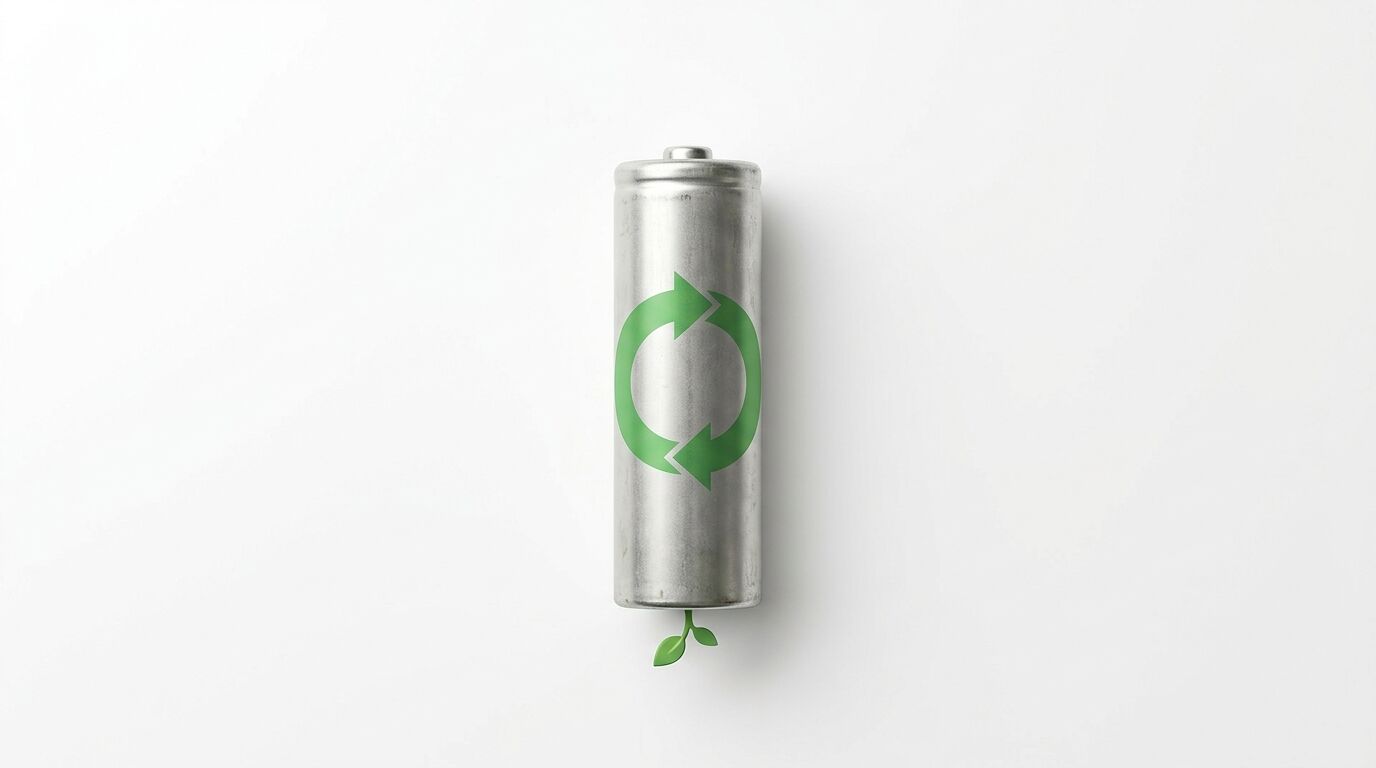 Alte Batterie mit grünem Recyclingsymbol und kleinem Trieb unten auf weißem Grund