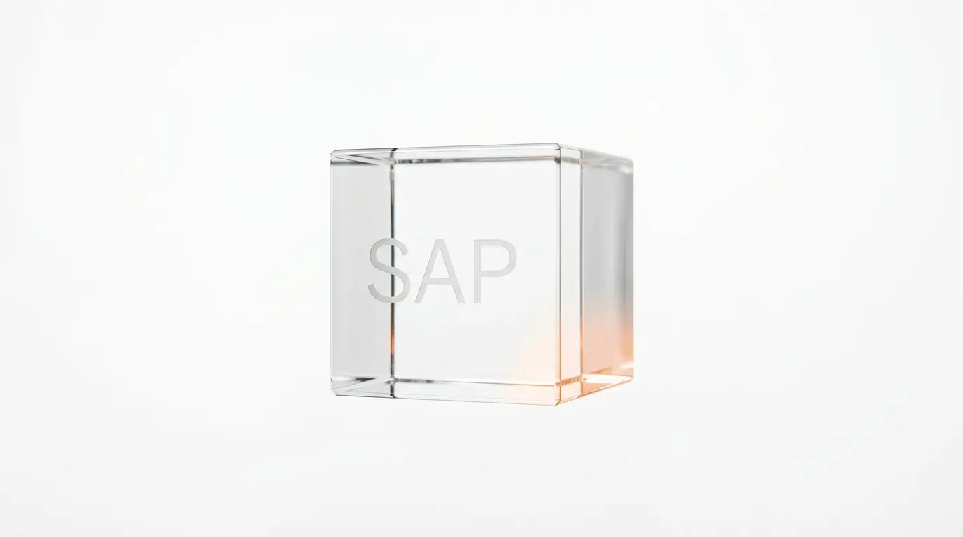 Transparenter Glaswürfel mit Gravur „SAP“ und orangefarbener Beleuchtung auf weißem Grund