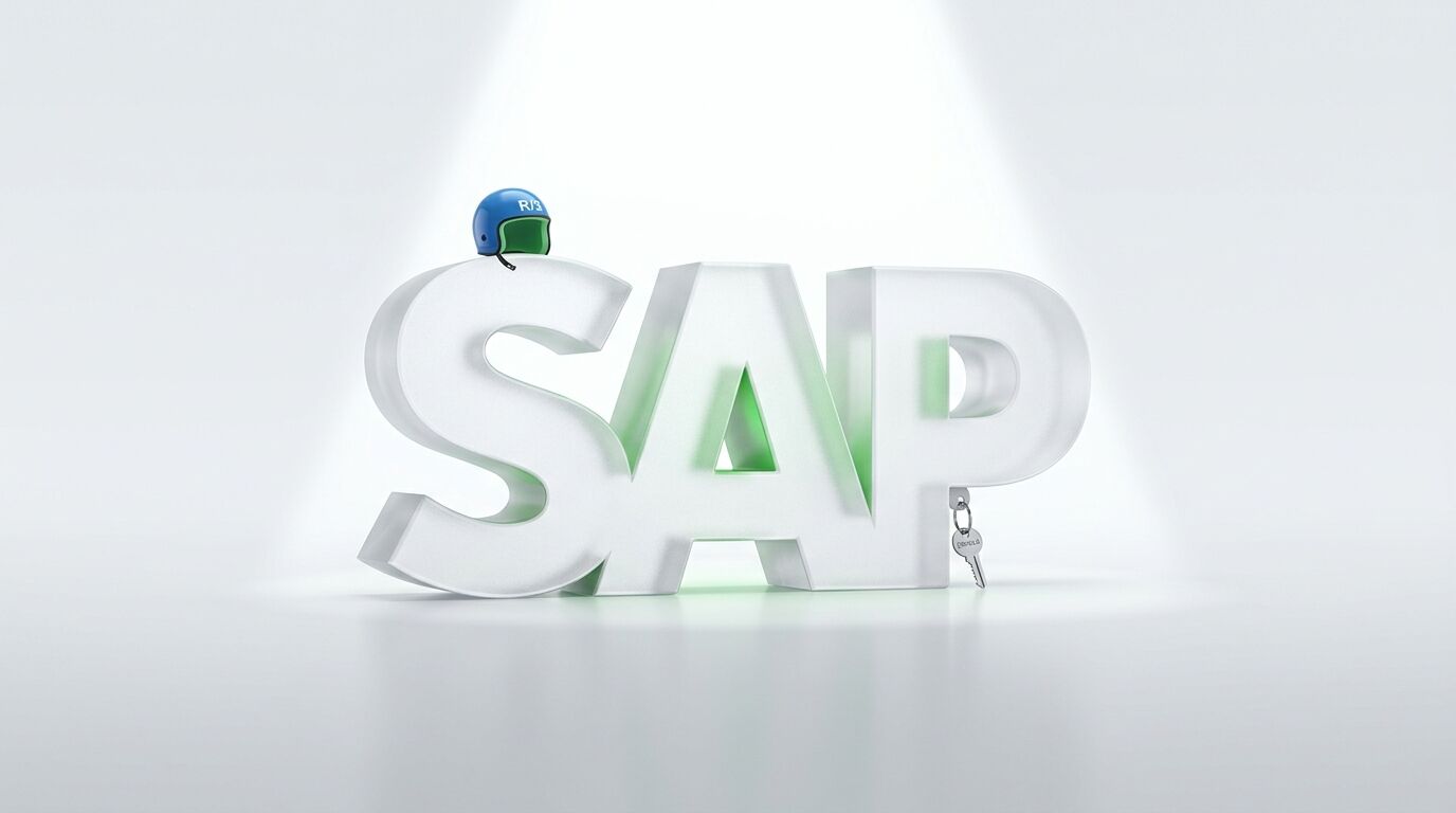 Große SAP-Buchstaben mit blauem R/3-Helm auf dem S und Schlüssel am P auf grauem Grund