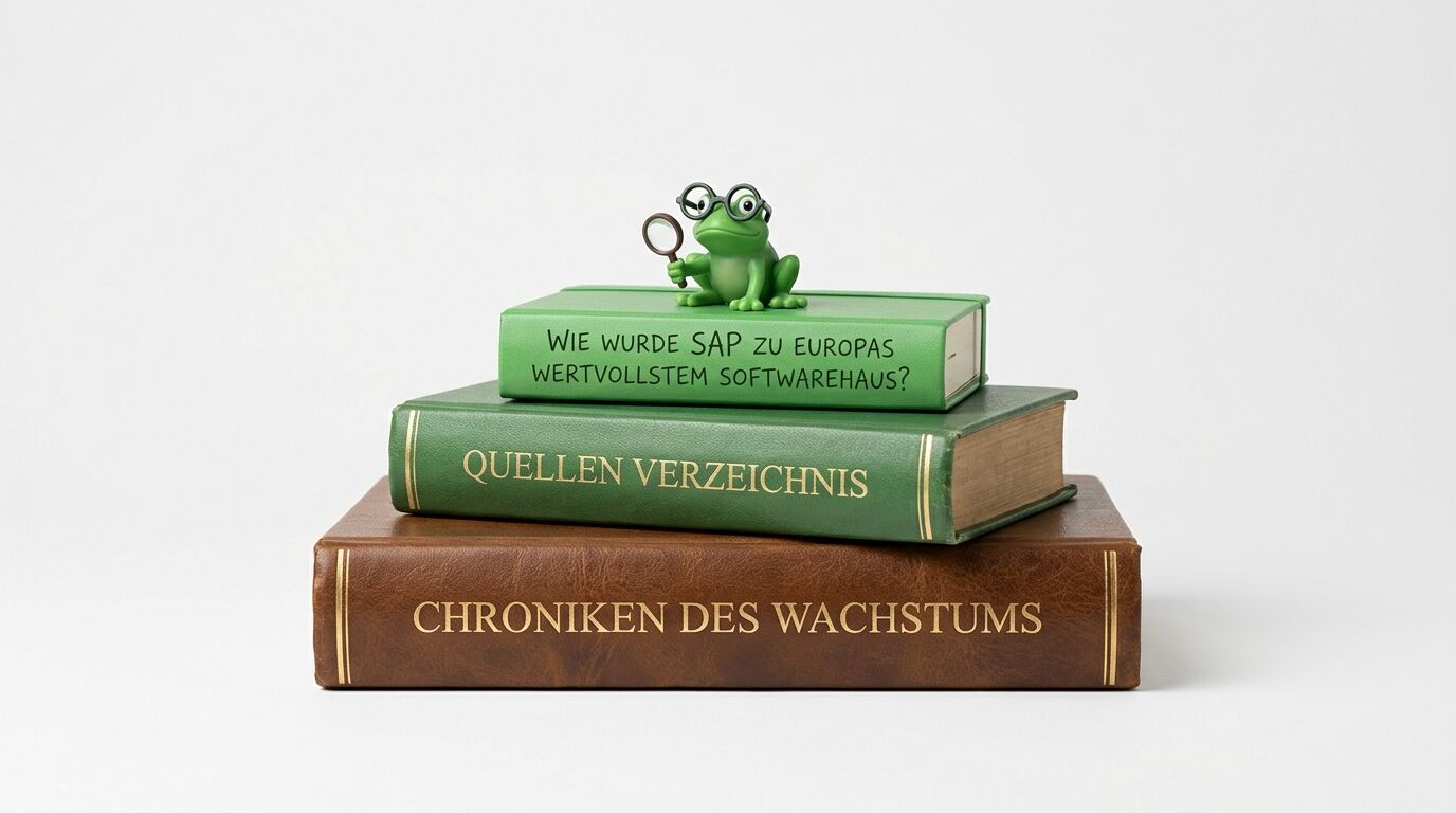 Ein Bücherstapel mit einem Frosch mit Lupe und Brille oben, Text auf Buchrücken und -deckeln