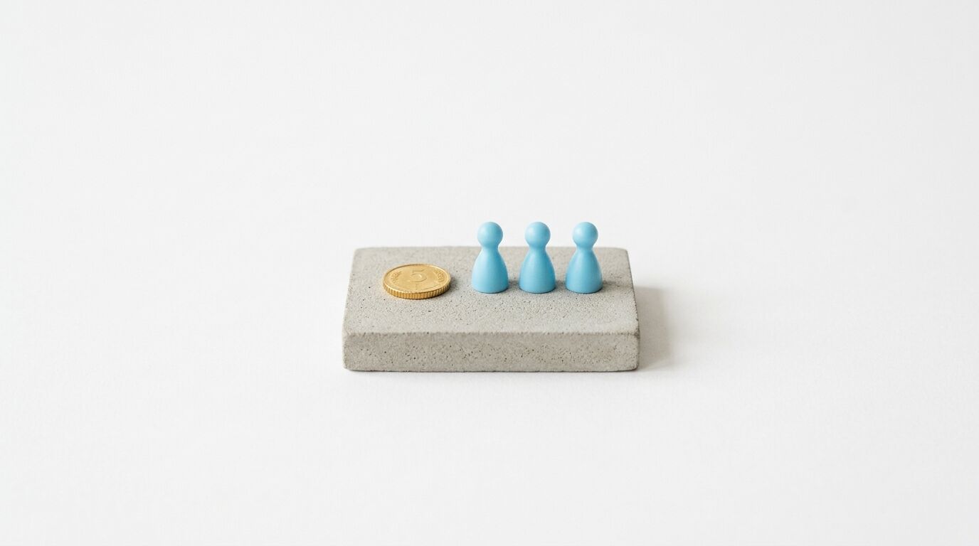 Eine goldene 5er-Münze und drei blaue Spielfiguren auf einem grauen Quader vor weißem Grund