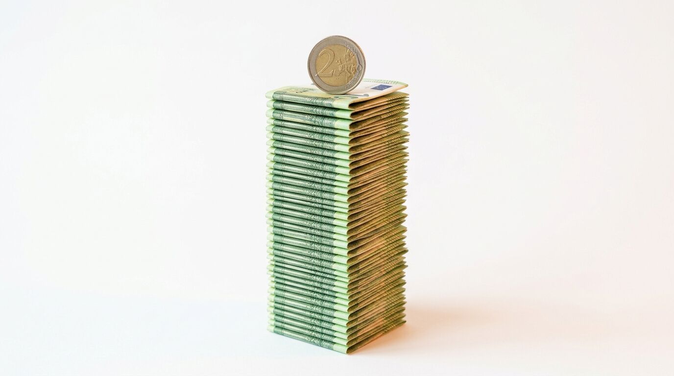 Ein Stapel aus 100-Euro-Geldscheinen, auf dem eine 2-Euro-Münze liegt