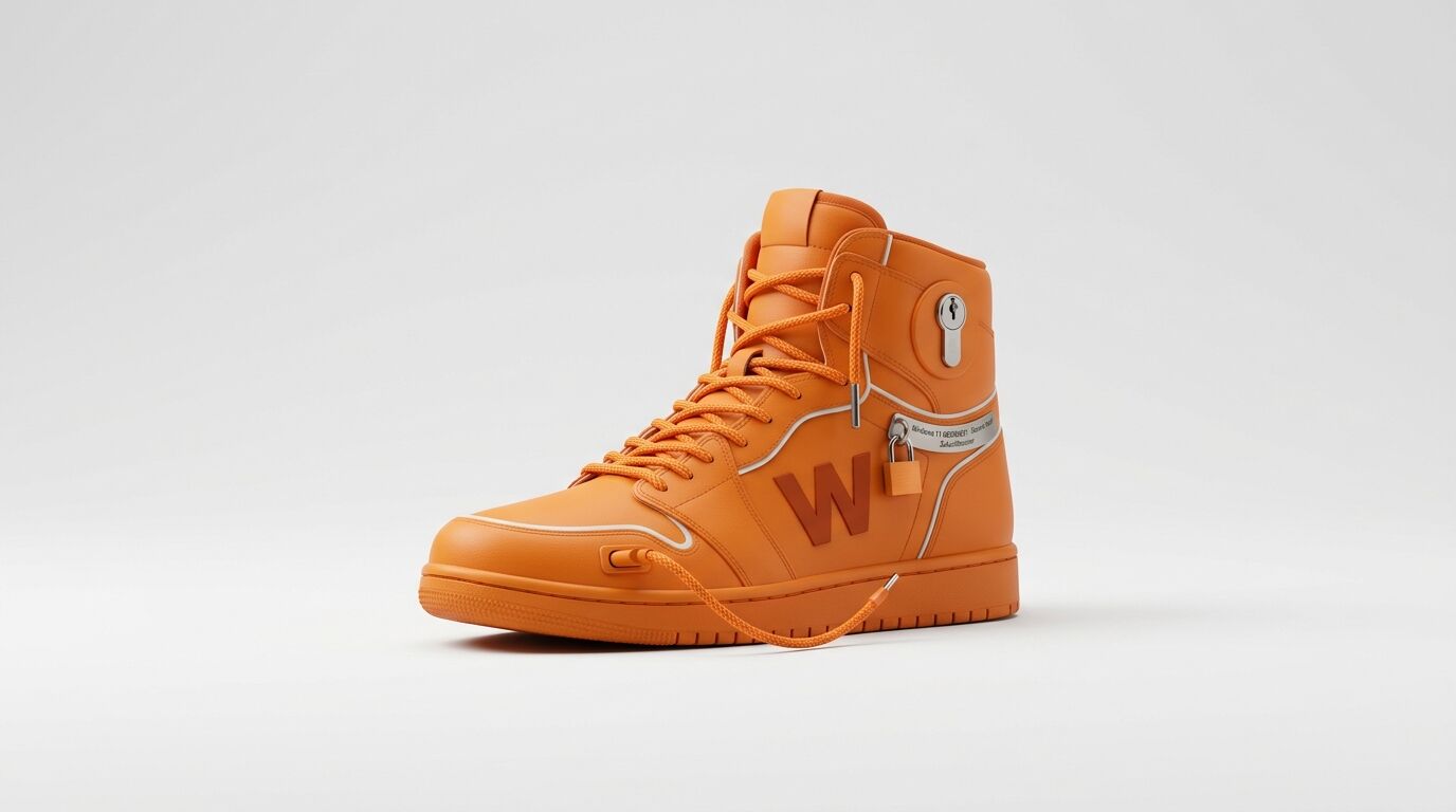 Orangefarbener High-Top-Sneaker mit Schließmechanismus, Vorhängeschloss, Reißverschluss und Ladekabel