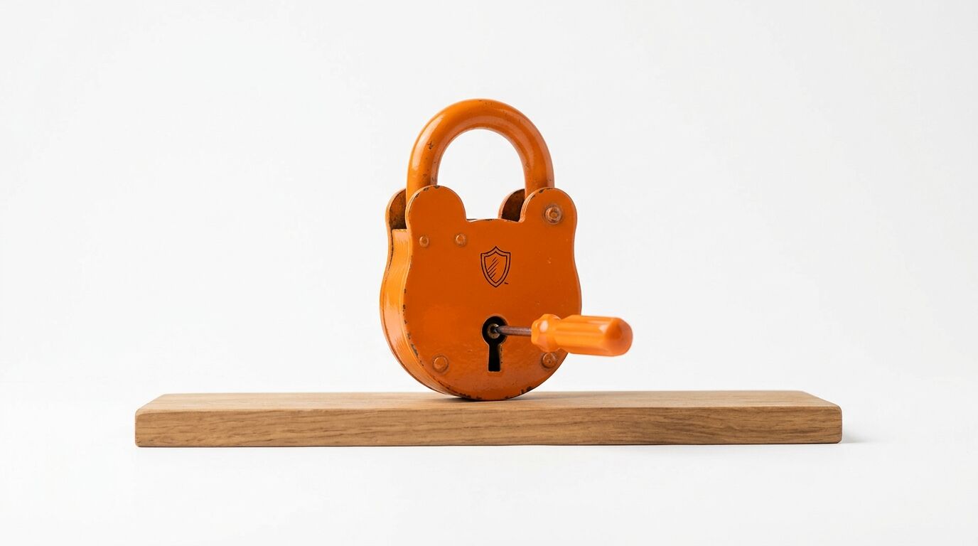 Oranges Vorhängeschloss auf Holzleiste mit kleinem Schraubendreher im Schlüsselloch, weißer Grund