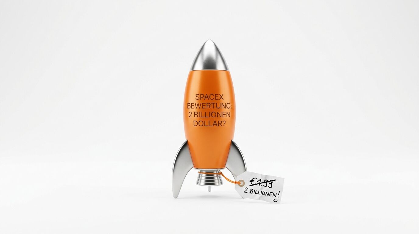 Eine orange Spielzeugrakete auf weißem Grund mit einem Preisschild, das „2 Billionen!“ zeigt