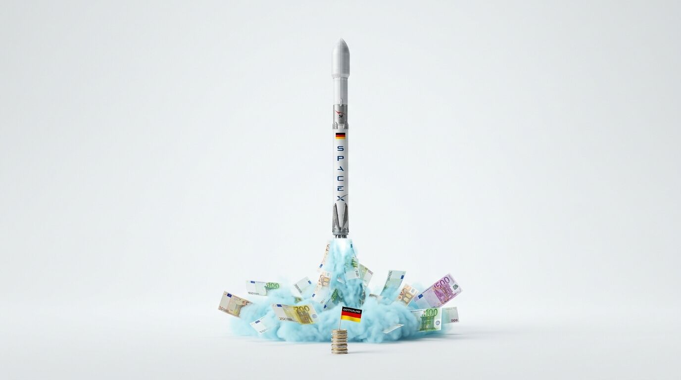 SpaceX-Rakete mit Deutschlandflagge startet über Geldstapel auf hellgrauem Hintergrund