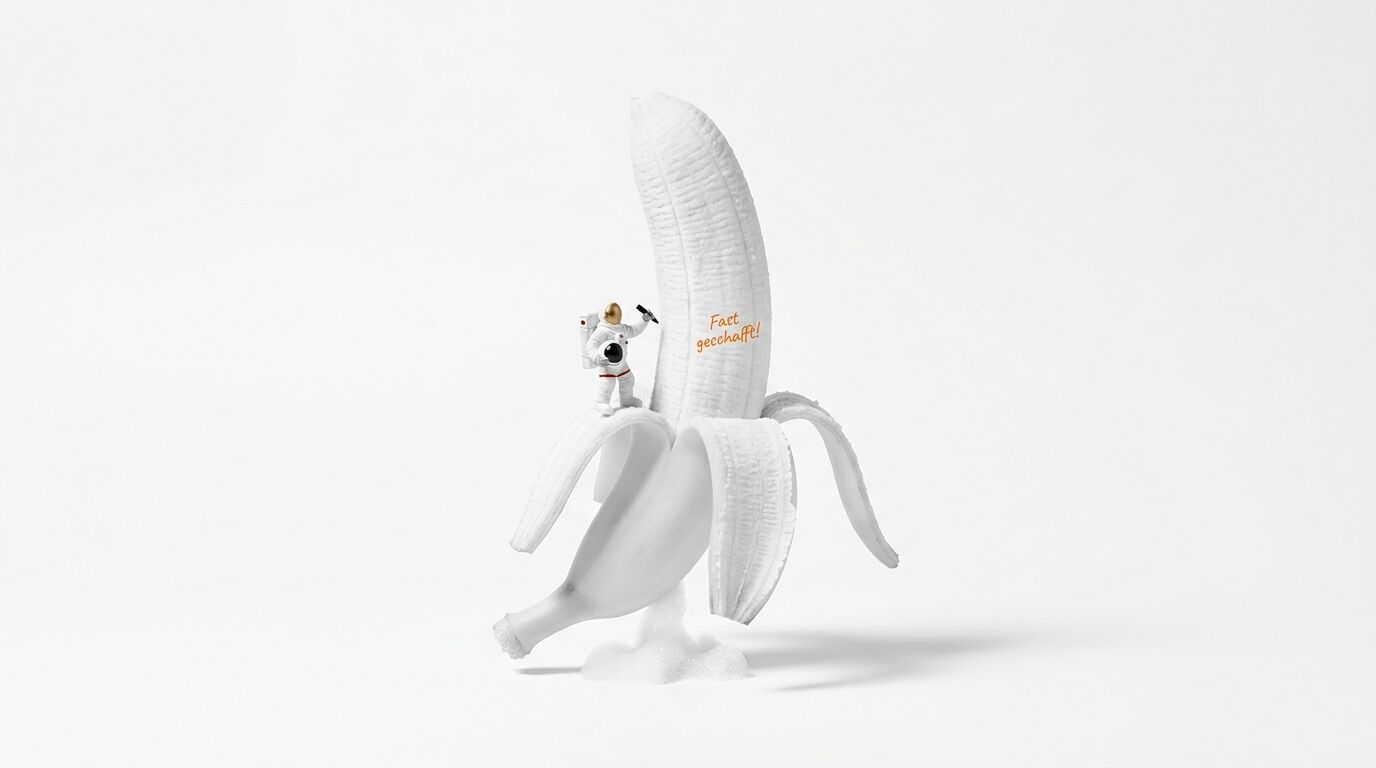 Weiße Bananenskulptur mit Mini-Astronaut und Aufschrift