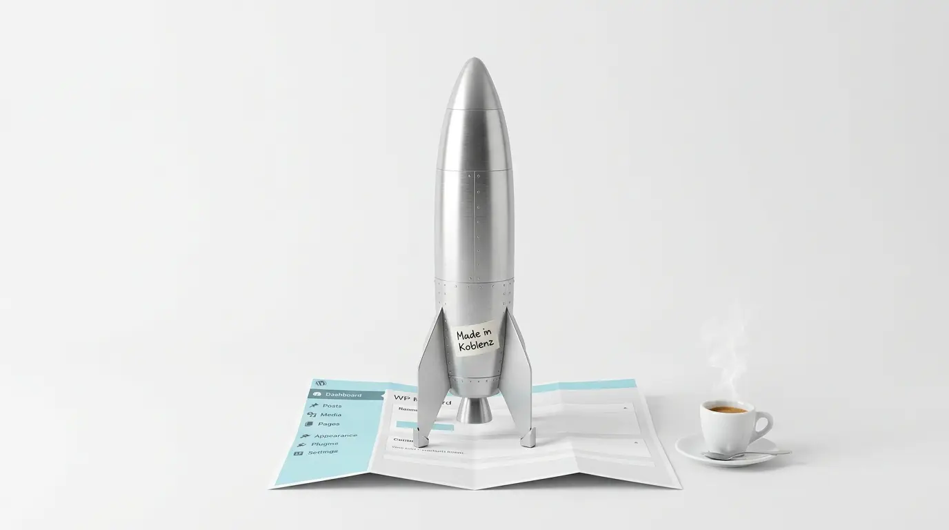Modellrakete auf Papier-Flyer neben dampfender Kaffeetasse, weißer Hintergrund