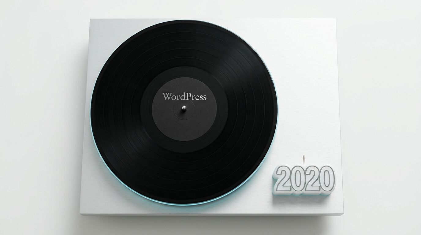 WordPress-Schallplatte auf modernem Plattenspieler mit Jahreszahl-Kerze 2020