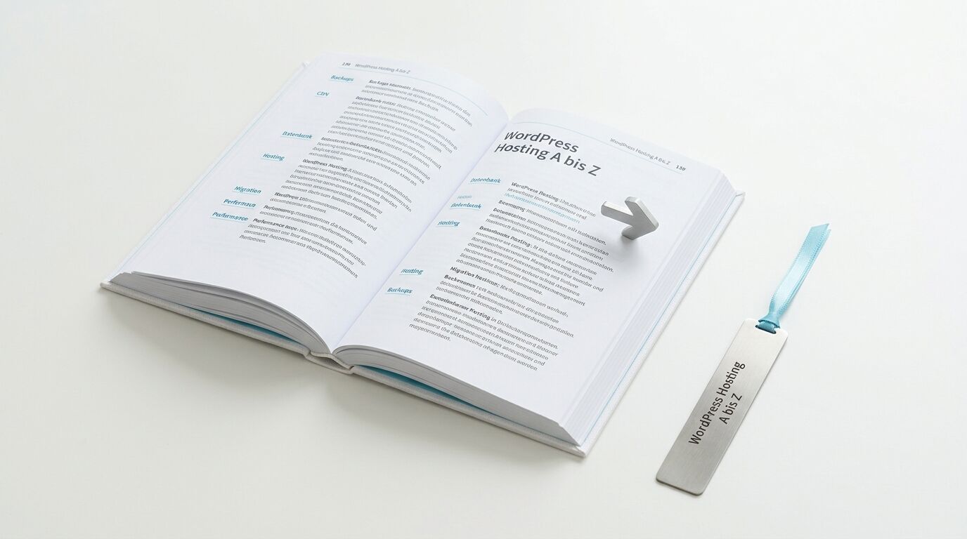 Geöffnetes Buch „WordPress Hosting A bis Z“ mit grauem Pfeil und Lesezeichen auf weißem Grund