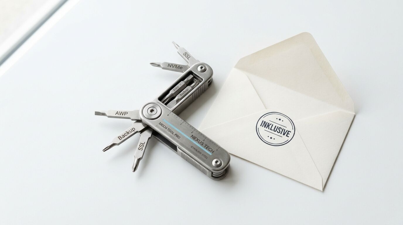 Geöffnetes Nexus Tech Multitool mit gravierten Bits neben Umschlag mit „Inklusive“-Stempel