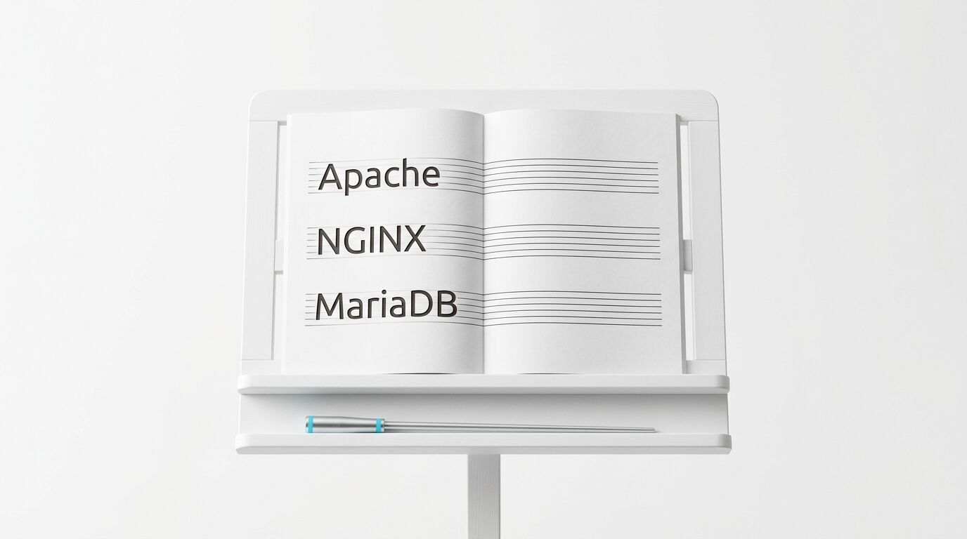 Notenständer mit Buch, darauf Text: Apache, NGINX, MariaDB. Davor Dirigentenstab
