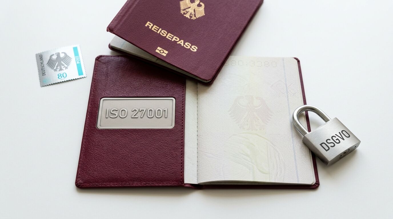 Zwei Reisepässe, eine Briefmarke und Vorhängeschloss „DSGVO“ und Karte „ISO 27001“