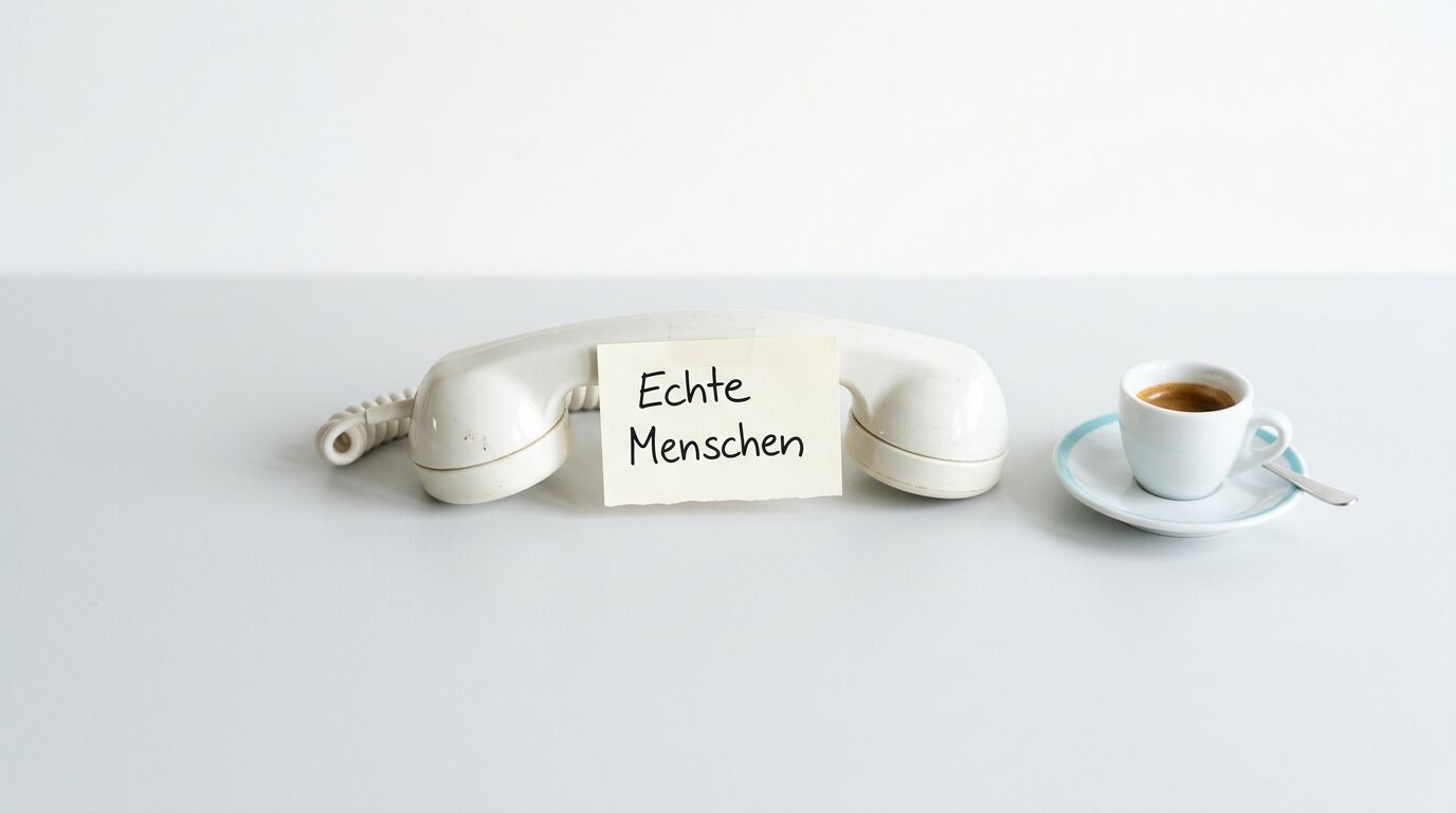 Ein alter Telefonhörer mit einer Notiz, daneben eine Tasse Espresso