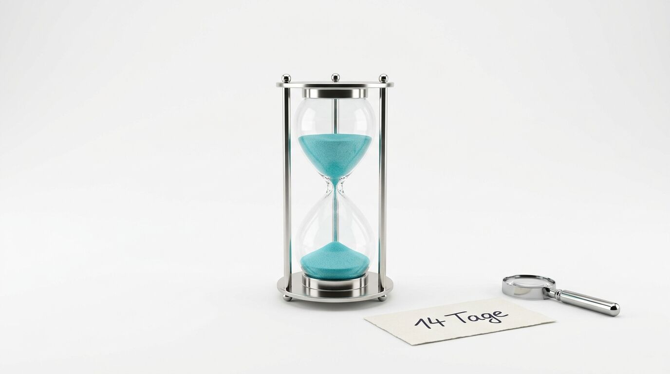 Eine Sanduhr mit türkisblauem Sand neben einer Lupe und einem Zettel mit der Aufschrift „14 Tage“