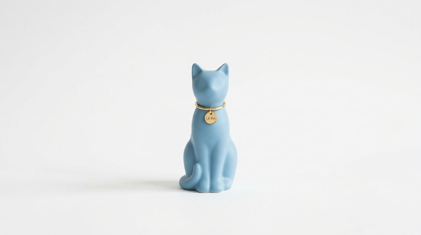 Blaue Keramikkatzenfigur mit Halsband und Plakette vor weißem Hintergrund