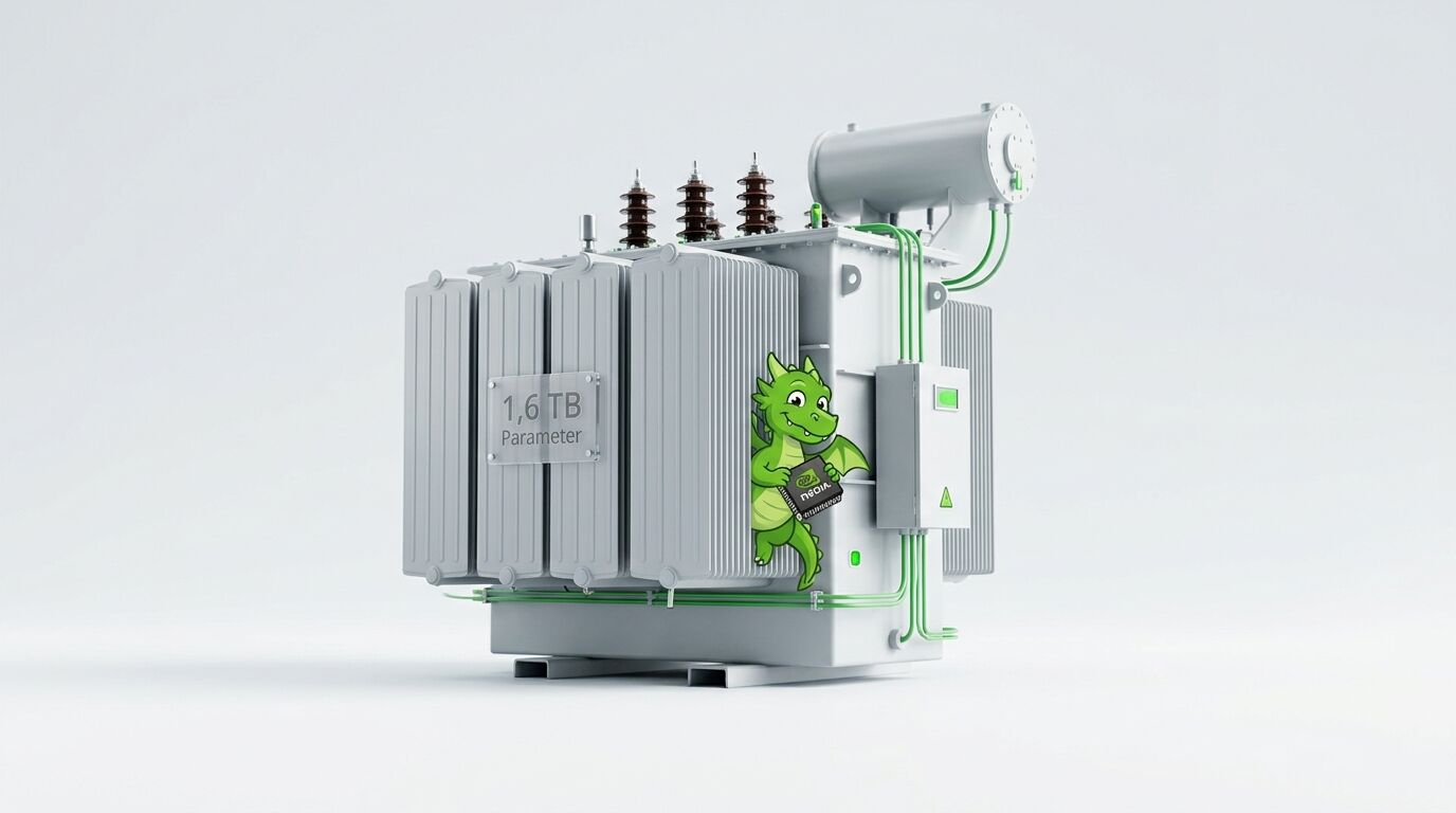 Transformator mit grünen Rohren, „1,6 TB Parameter“-Schild und Cartoon-Drache