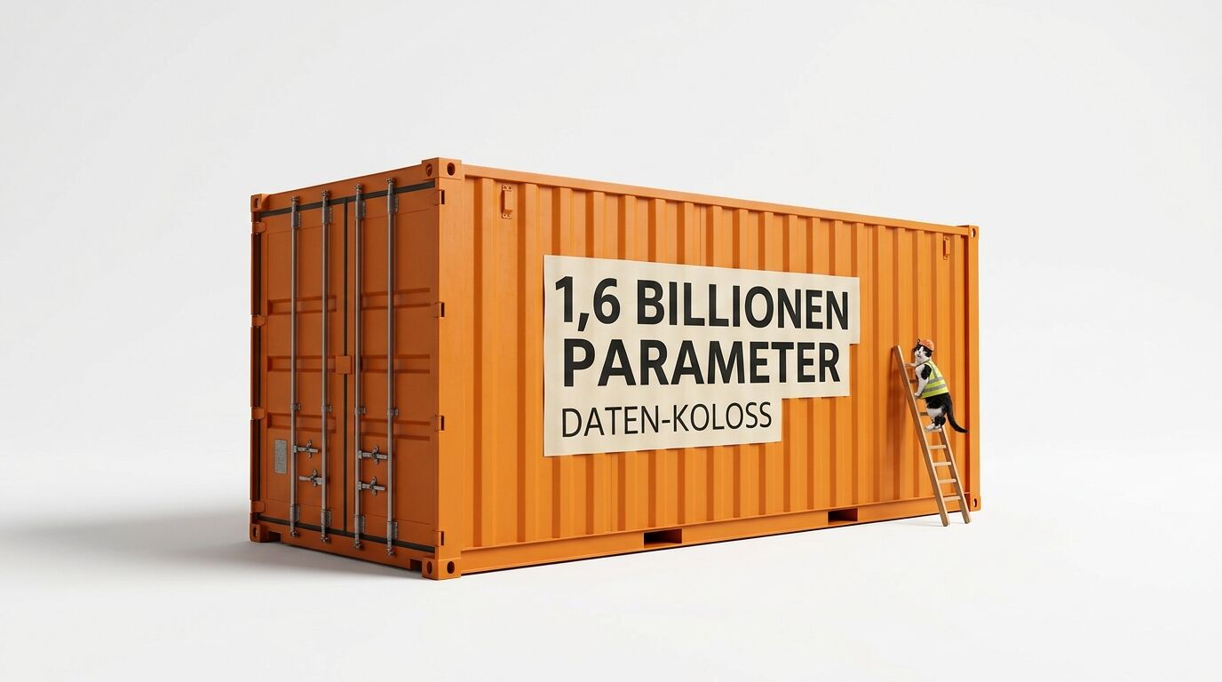 Oranger Container mit deutschem Text „1,6 BILLIONEN PARAMETER DATEN-KOLOSS“ und Katze auf Leiter vor weißem Hintergrund