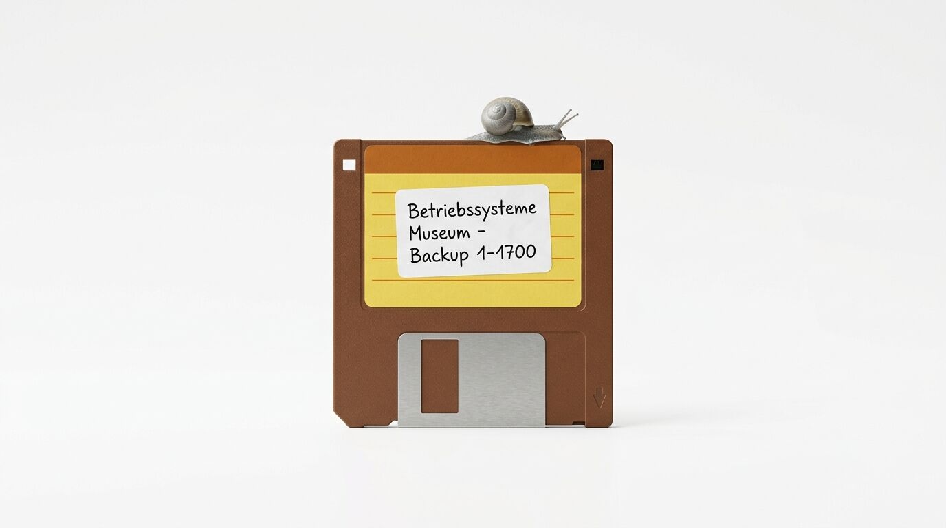 Floppy-Disk mit Beschriftung, oben kriecht eine Schnecke. Hintergrund: Weiß