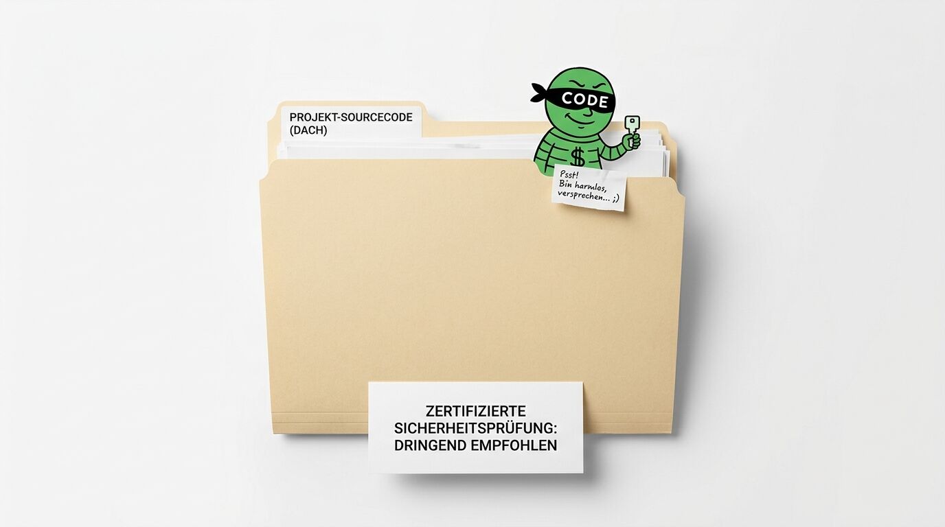 Ordner mit Aufschrift „Projekt-Sourcecode (DACH)“, kleiner Hackerfigur und Warnschild