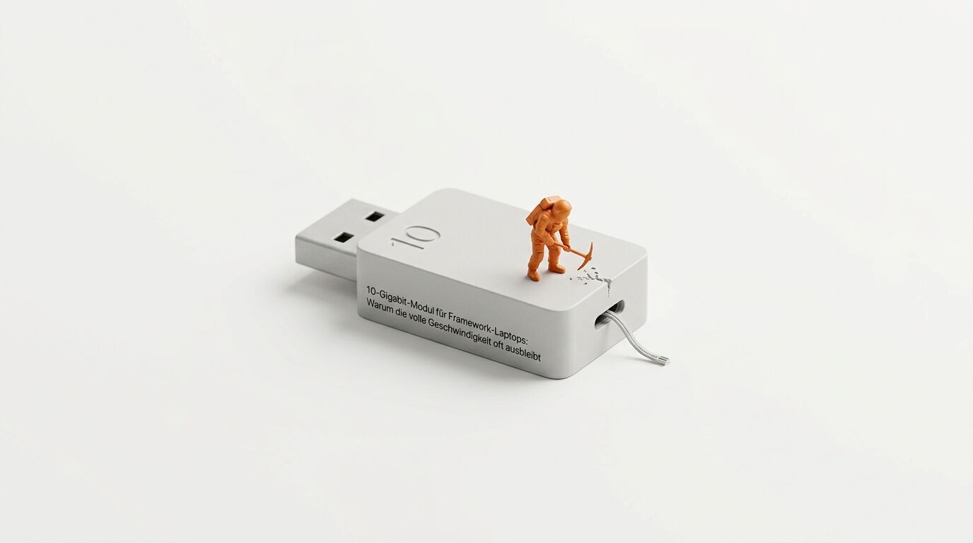 Ein oranger Miniatur-Bergmann mit Hacke steht auf einem grauen USB-Gerät mit deutschem Text