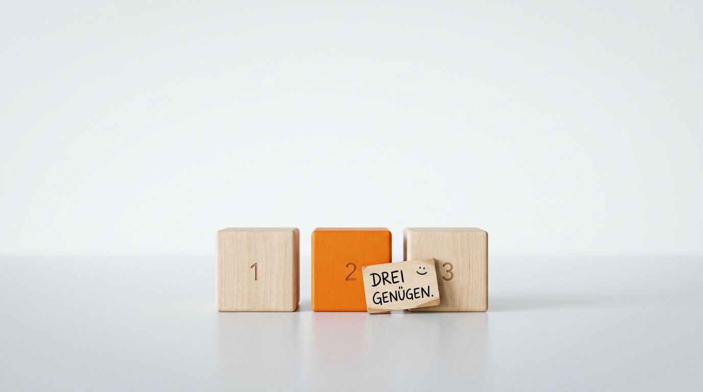 Zwei Holzwürfel mit 1 und 3 umrahmen orangen Würfel mit 2. Ein Schild sagt