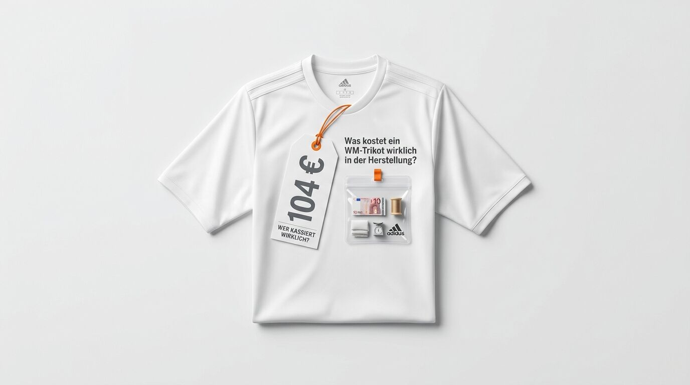 Ein weißes Trikot mit 104-€-Preisschild und Kostenfrage, daneben ein transparenter Beutel mit Geld, Garn und Werkzeug