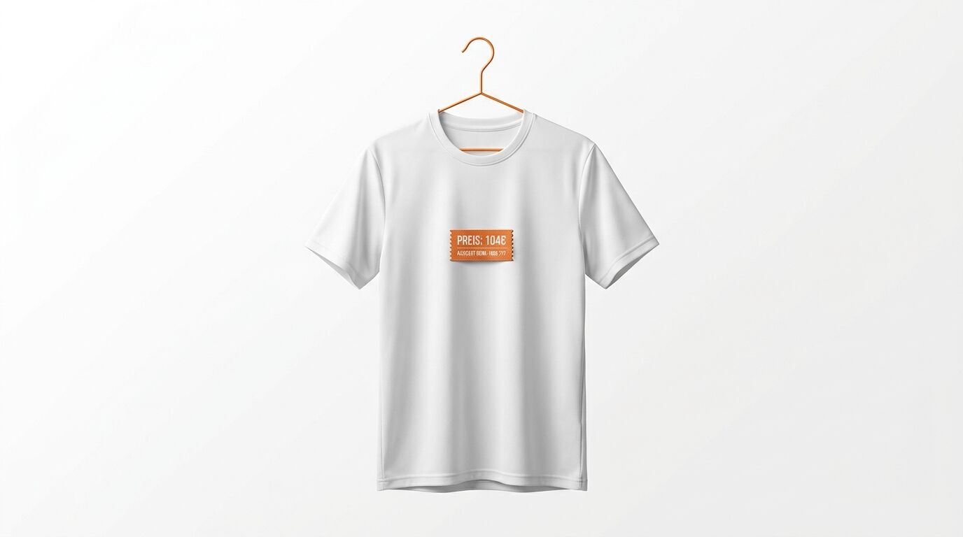 Ein weißes T-Shirt mit einem orangefarbenen Preisschild hängt auf einem Kleiderbügel aus Holz