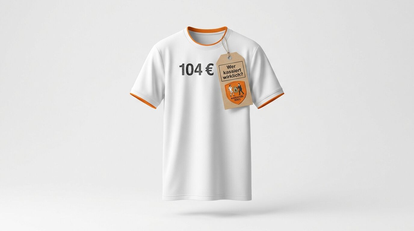 Ein weißes T-Shirt mit orangefarbenen Rändern, einem Preisschild und der Aufschrift 